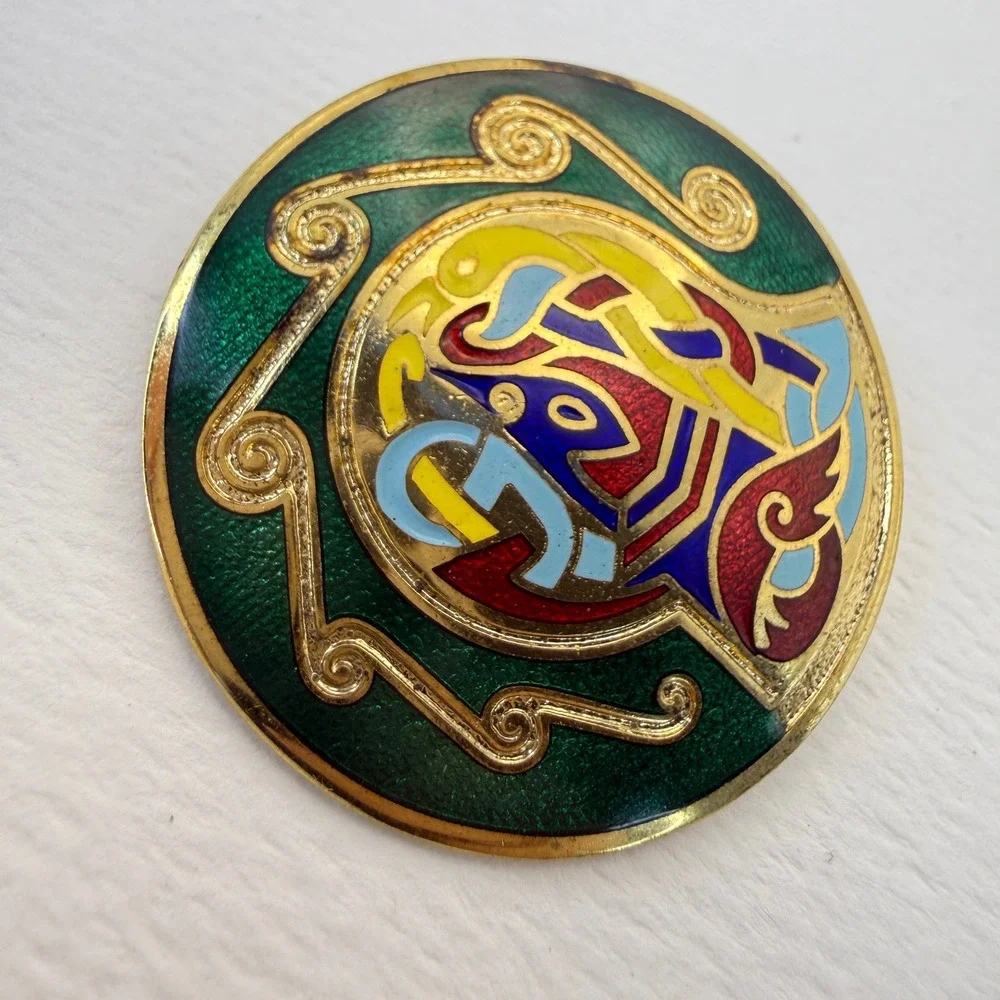 Vintage Celtic Enamel Brooch Gold Tone Colorful Knotwork Zoomorphic Pin